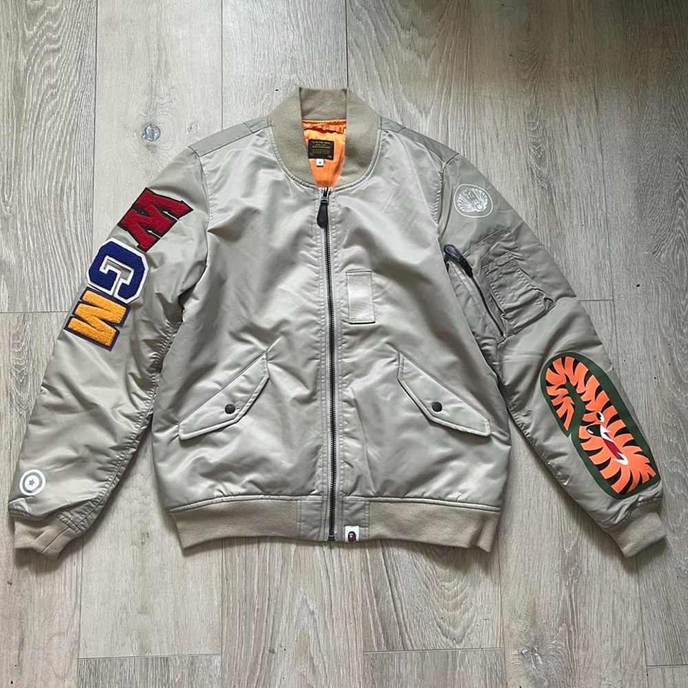 Grey Bapé Shark MA-1 Bomber jacket  size medium worn only twice